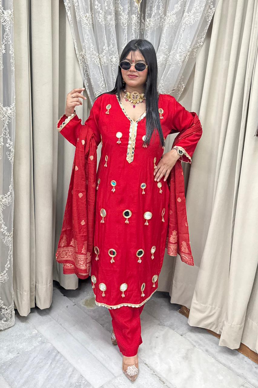 Designer Mirror Latkan Straight Three-Piece Suit Set
