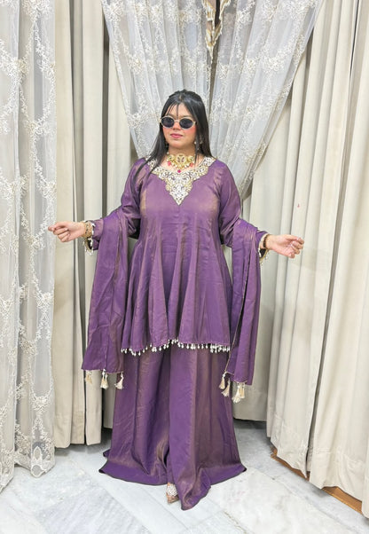 Designer Flair 3 Piece Suit for Women | Premium Glass Shimmer Silk Party Wear Suit
