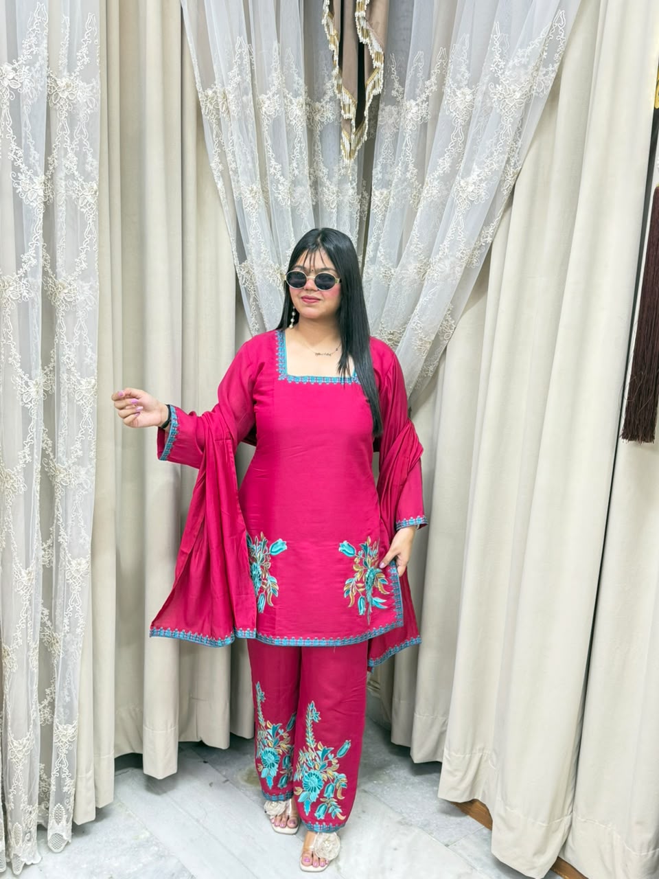 Meher Premium Mulchanderi Fabric Embroidered Kurti with Pants & Dupatta Set