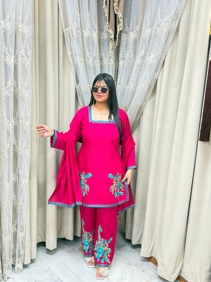 Meher Premium Mulchanderi Fabric Embroidered Kurti with Pants & Dupatta Set