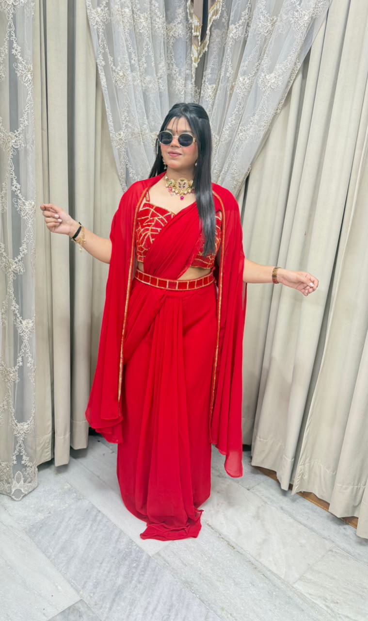 Red Georgette Ready-to-Wear Saree for Women | Designer Saree