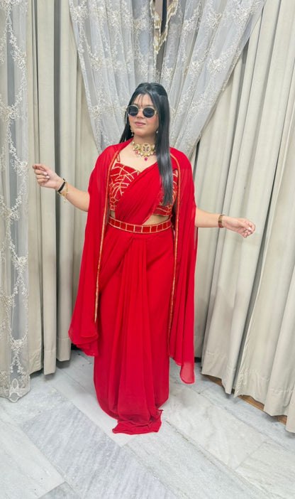Red Georgette Ready-to-Wear Saree for Women | Designer Saree