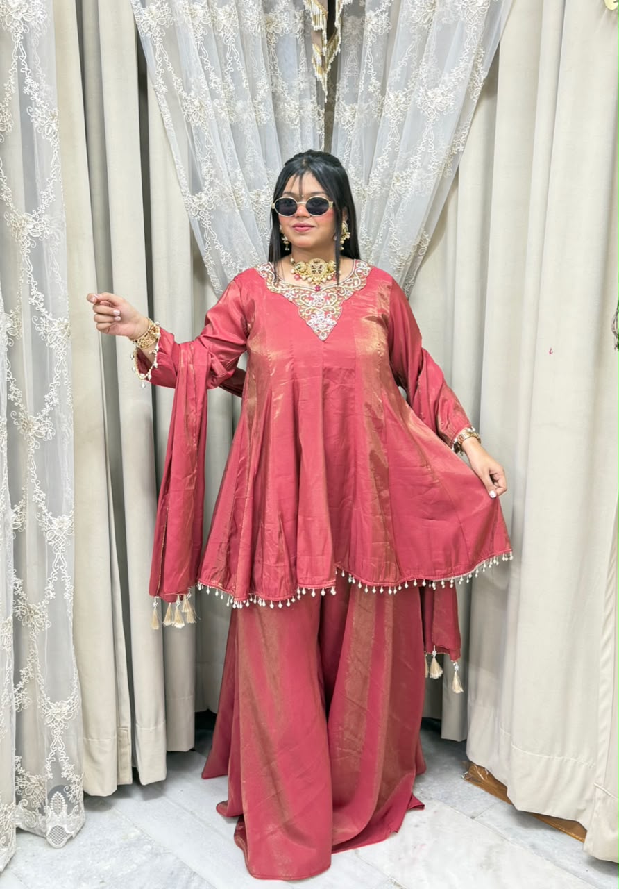 Designer Flair 3 Piece Suit for Women | Premium Glass Shimmer Silk Party Wear Suit