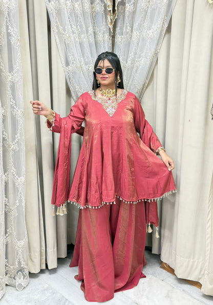 Designer Flair 3 Piece Suit for Women | Premium Glass Shimmer Silk Party Wear Suit