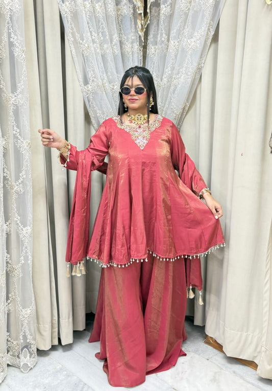 Designer Flair 3 Piece Suit for Women | Premium Glass Shimmer Silk Party Wear Suit