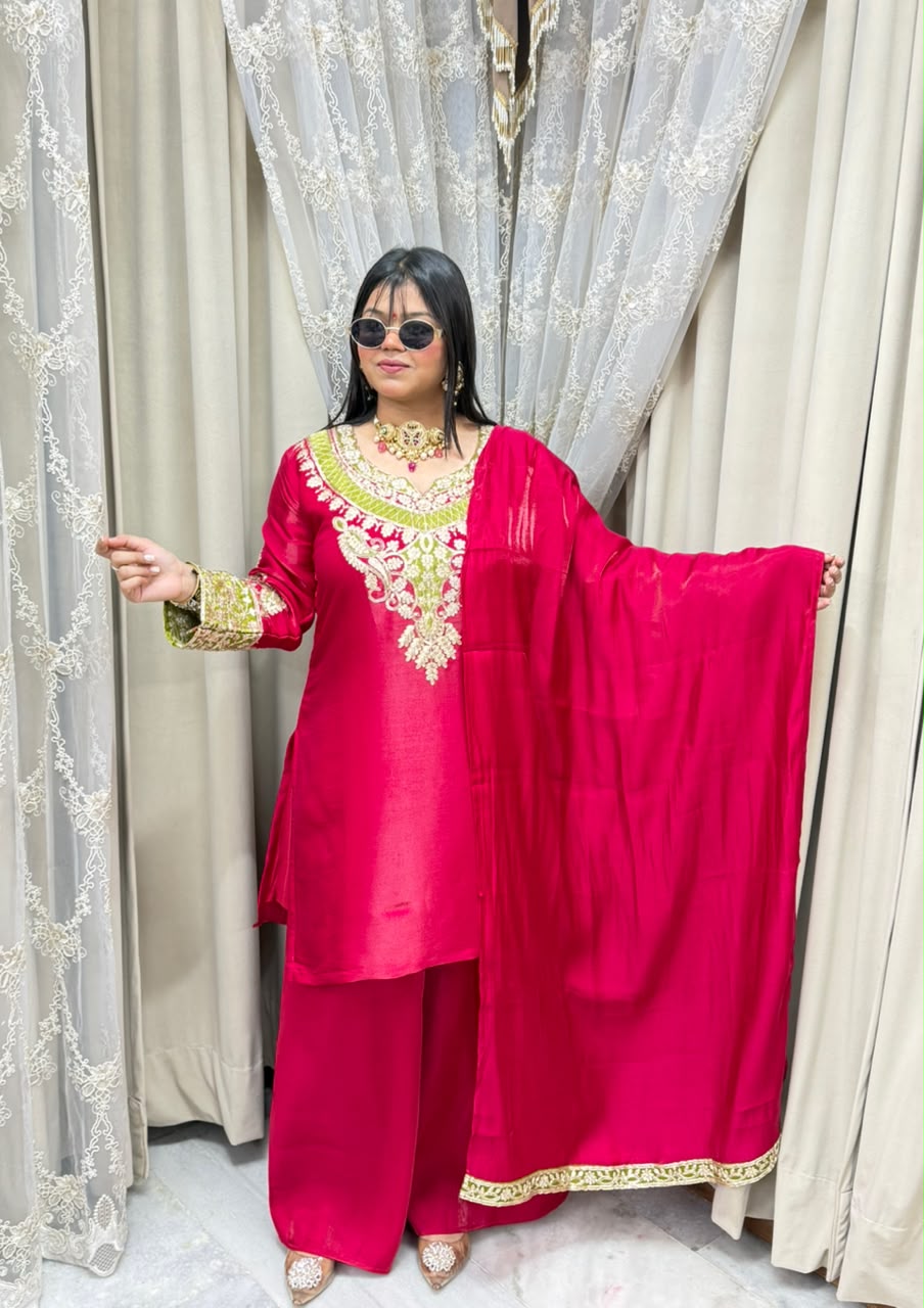 Beautiful Designer 3 Piece Suit for Women | Glass Shimmer Silk Party Wear Suit