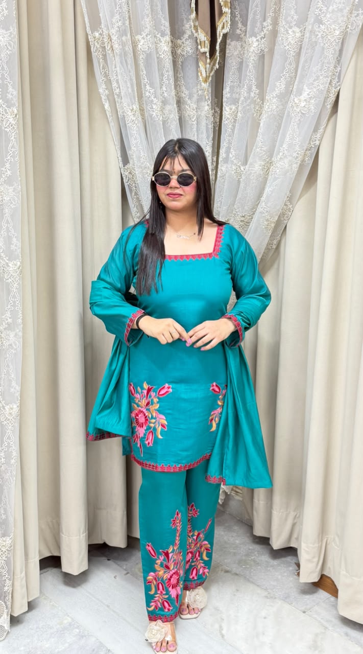Meher Premium Mulchanderi Fabric Embroidered Kurti with Pants & Dupatta Set