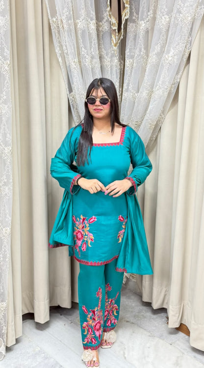 Meher Premium Mulchanderi Fabric Embroidered Kurti with Pants & Dupatta Set