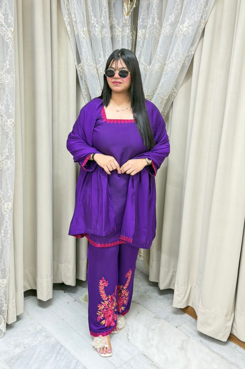 Meher Premium Mulchanderi Fabric Embroidered Kurti with Pants & Dupatta Set