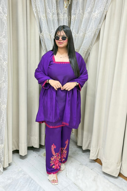 Meher Premium Mulchanderi Fabric Embroidered Kurti with Pants & Dupatta Set