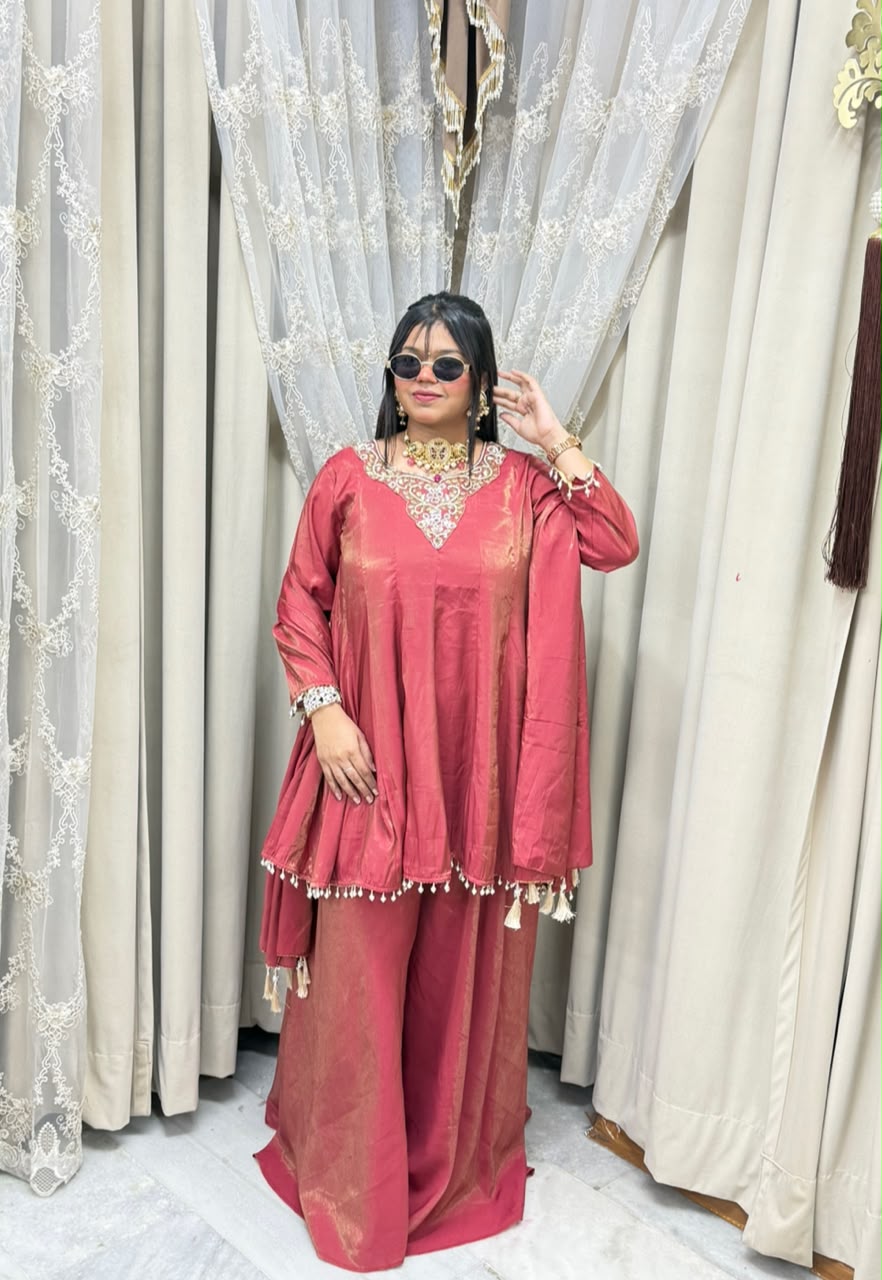 Designer Flair 3 Piece Suit for Women | Premium Glass Shimmer Silk Party Wear Suit