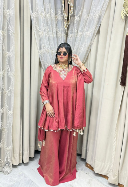 Designer Flair 3 Piece Suit for Women | Premium Glass Shimmer Silk Party Wear Suit