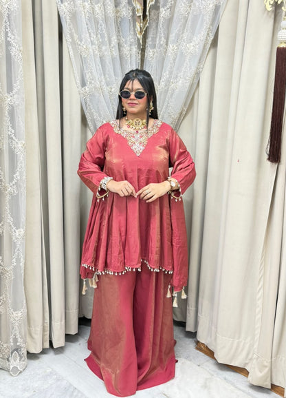 Designer Flair 3 Piece Suit for Women | Premium Glass Shimmer Silk Party Wear Suit