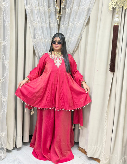 Designer Flair 3 Piece Suit for Women | Premium Glass Shimmer Silk Party Wear Suit
