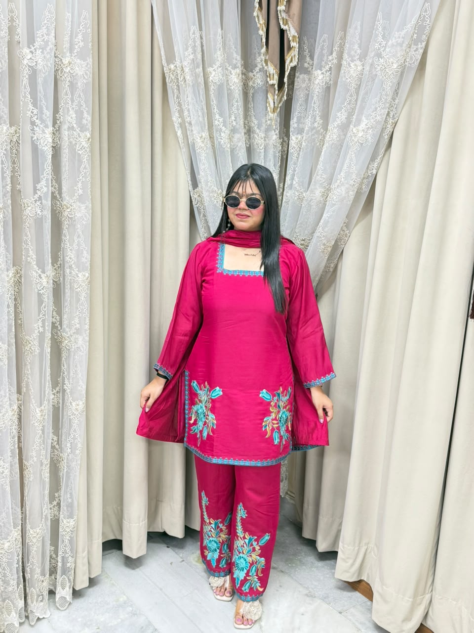 Meher Premium Mulchanderi Fabric Embroidered Kurti with Pants & Dupatta Set