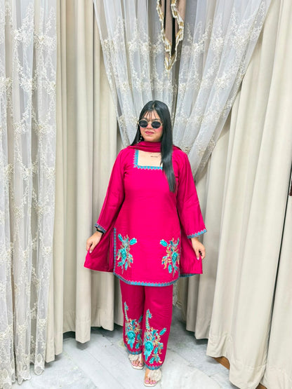 Meher Premium Mulchanderi Fabric Embroidered Kurti with Pants & Dupatta Set