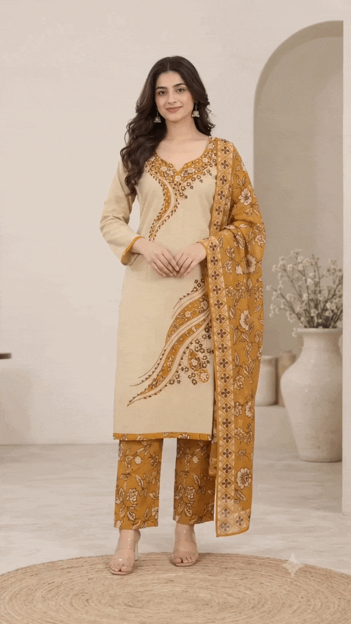 Designer Premium Cotton Pankh Handwork Kurta Set with Printed Dupatta & Pants