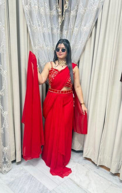 Red Georgette Ready-to-Wear Saree for Women | Designer Saree
