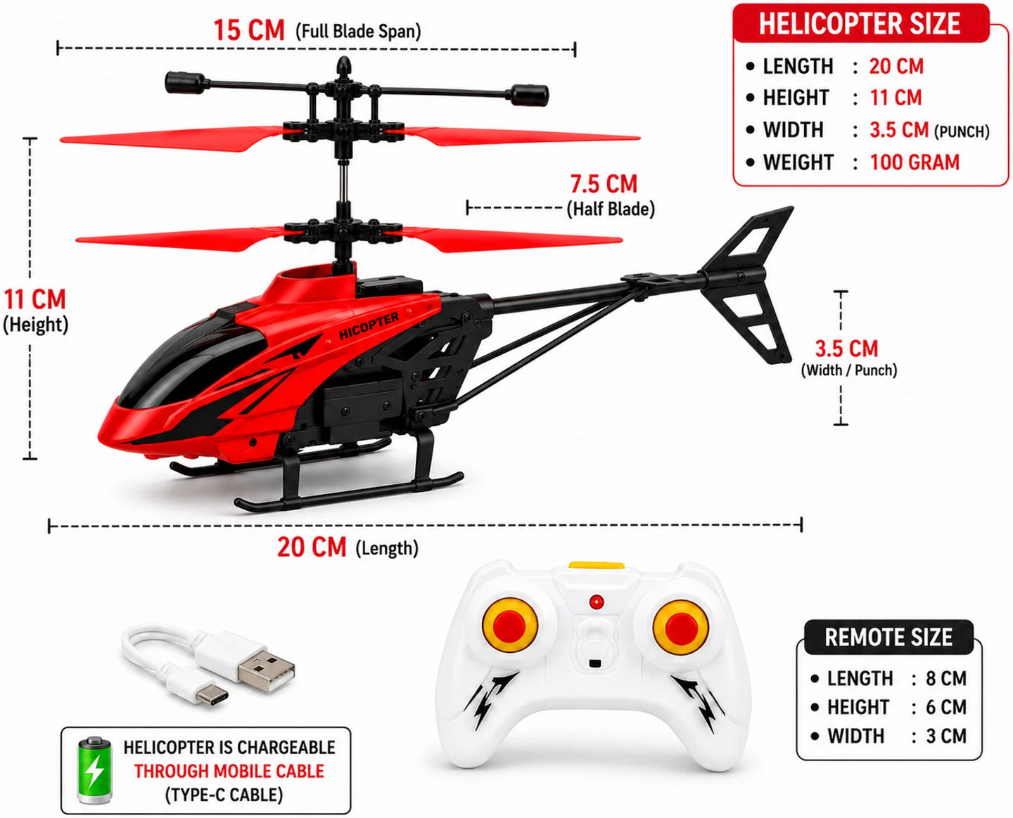 2-in-1 Hand Sensor & Remote Control Flying Helicopter for Kids | Rechargeable USB RC Helicopter with LED Lights | Indoor Toy