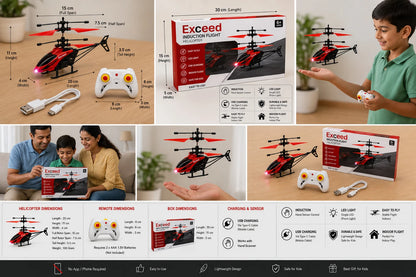 2-in-1 Hand Sensor & Remote Control Flying Helicopter for Kids | Rechargeable USB RC Helicopter with LED Lights | Indoor Toy